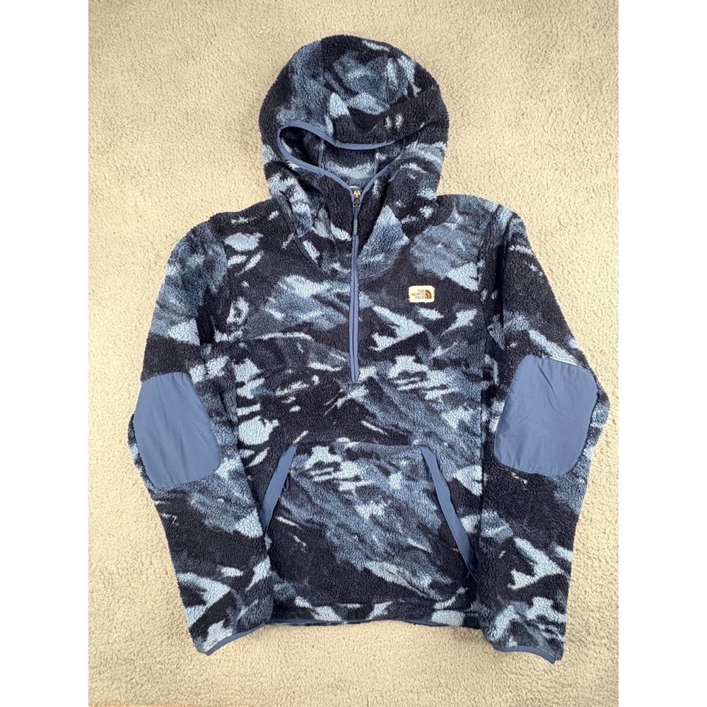 The North Face Pullover Hoodie Men's Medium Blue Camouflage Fleece Quarter Zip